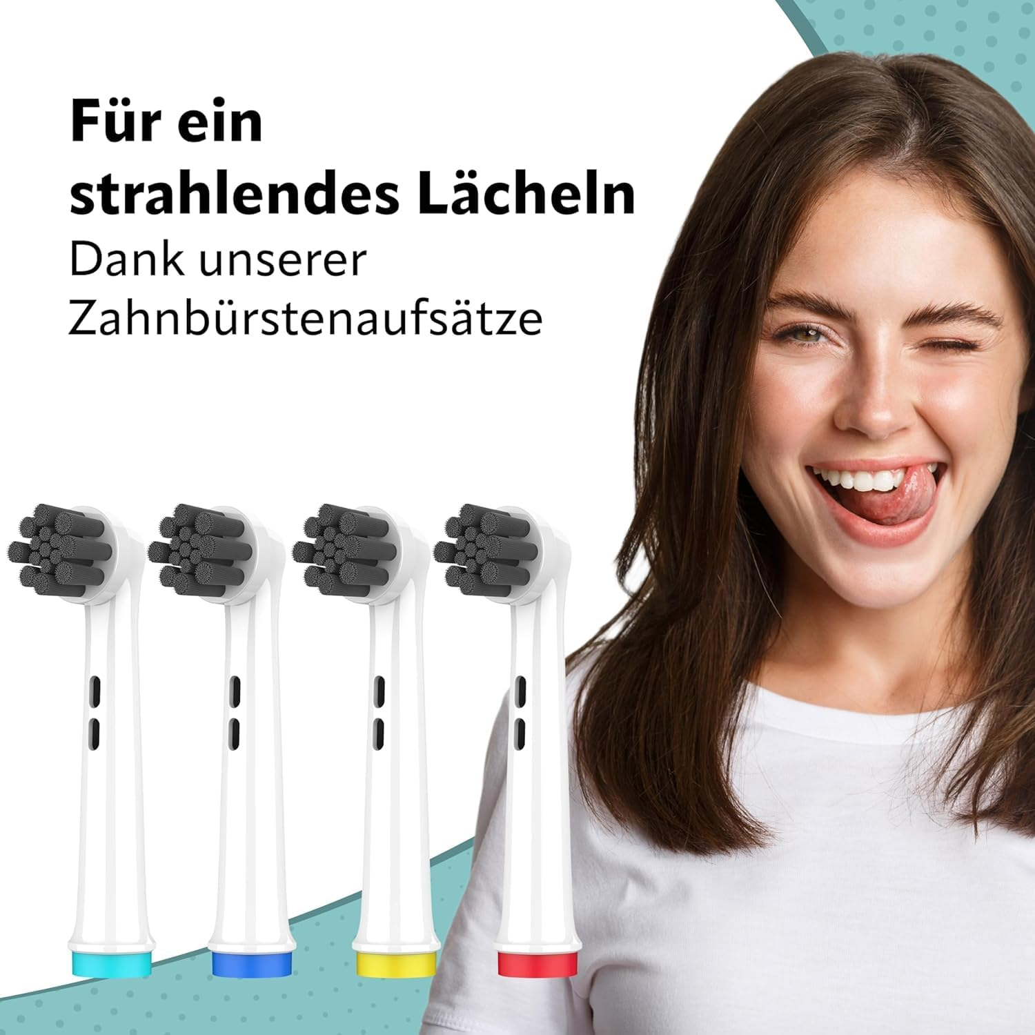 Frau zwinkert, Zahnbürstenköpfe davor, verschiedene farbige Basen.
