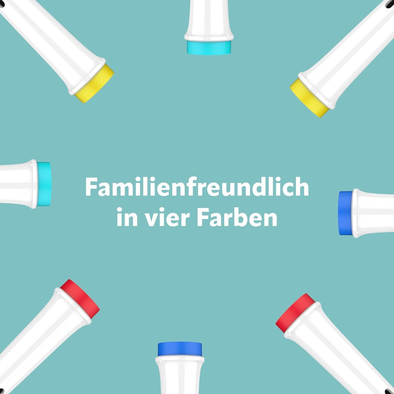 Bild mit Zahnbürstenköpfen in vier Farben. Text: 'Familienfreundlich in vier Farben'.