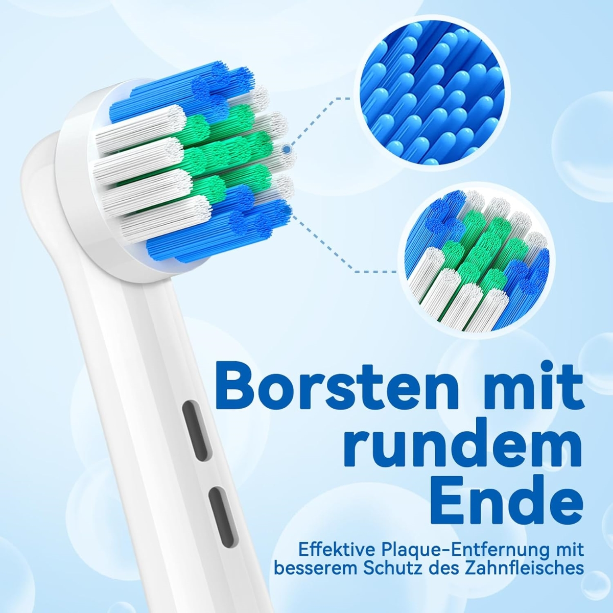 Nahaufnahme eines weißen elektrischen Zahnbürstenkopfes mit blauen, grünen und weißen Borsten. Text auf Deutsch.