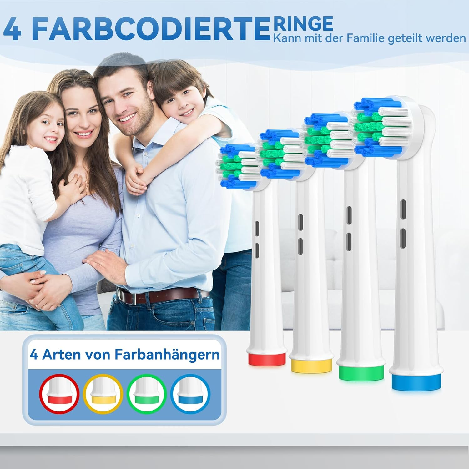 Familie mit Kindern lächelt, mit Zahnbürstenköpfen, zeigt verschiedene Farben und einen Text, der besagt, dass sie geteilt werden können.