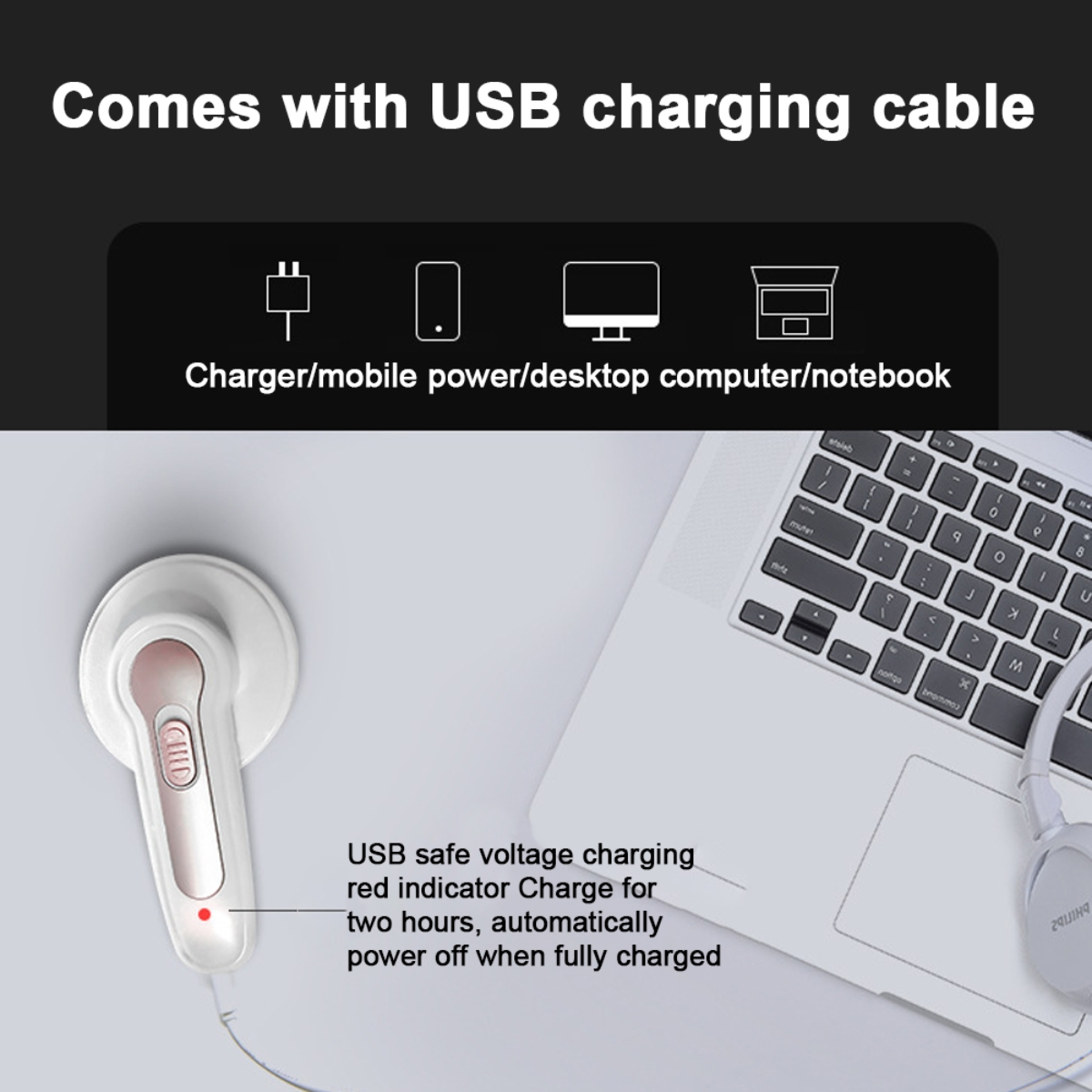 Ein weißer Ohrhörer und ein Ladekabel neben einem Laptop, mit Text zum Laden.