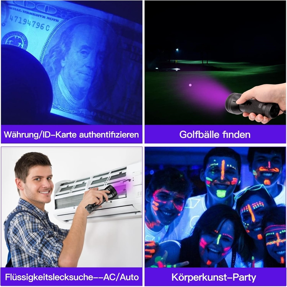 Vier Bilder zeigen die Verwendung einer Schwarzlicht-Taschenlampe: Geld, Golf, AC-Leck, Körperkunst.