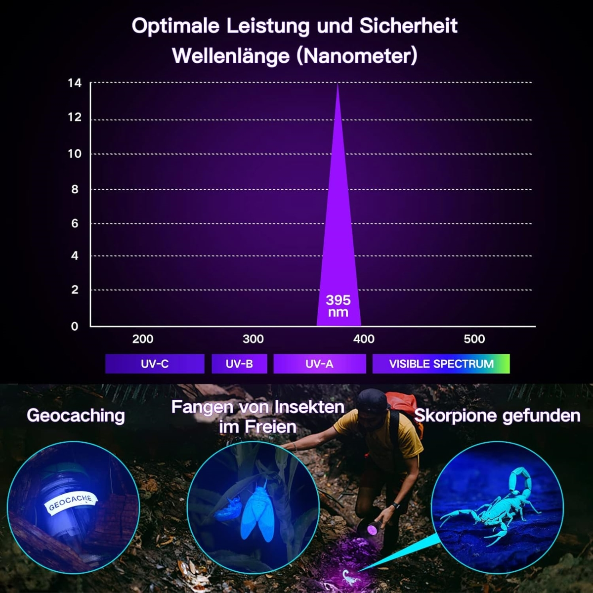 Diagramm des UV-Spektrums und drei Fotos: Geocaching, Insekten und Skorpione.