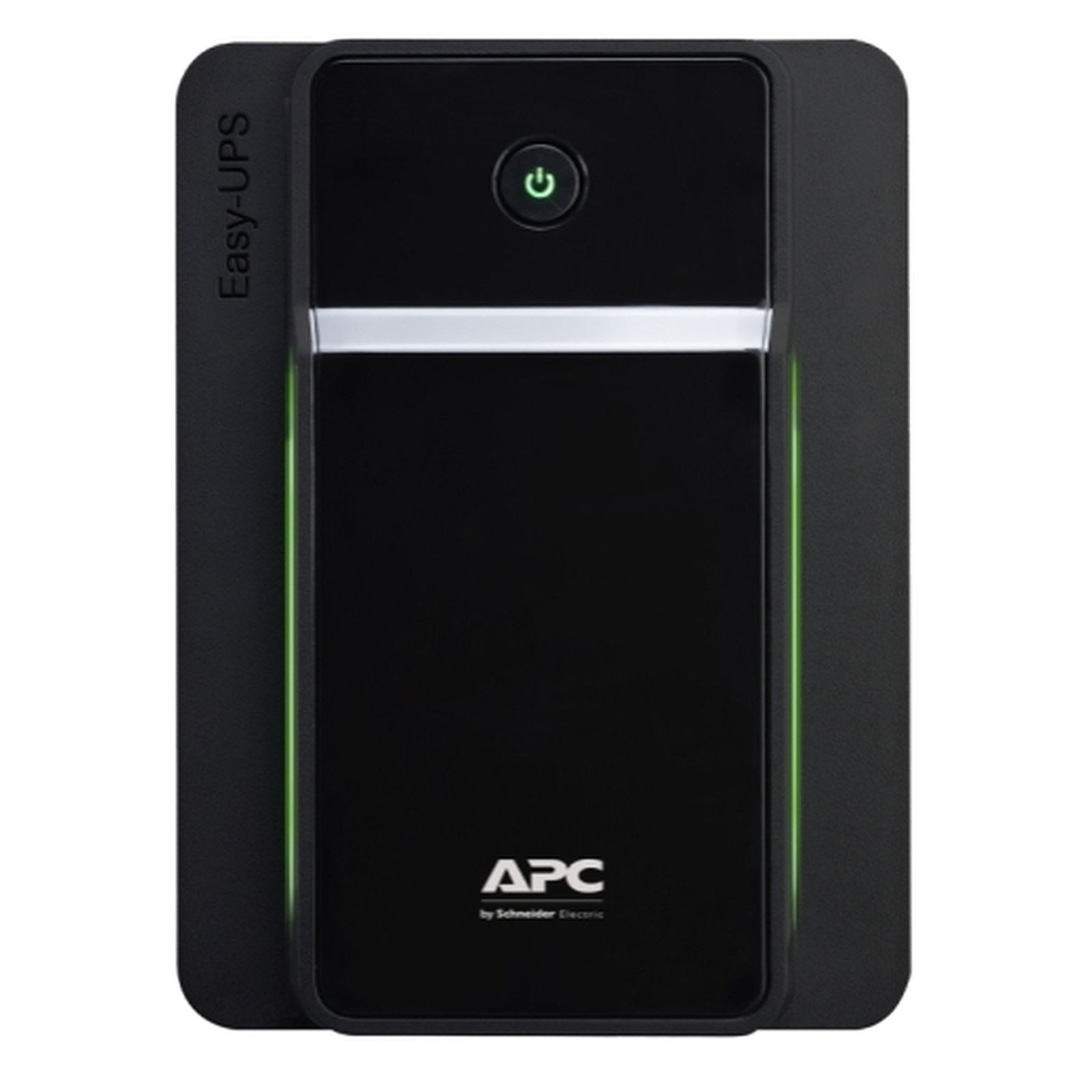 Gruppo di continuità nero con luce verde, supporto nero. APC by Schneider Electric è scritto sotto il pulsante di accensione.