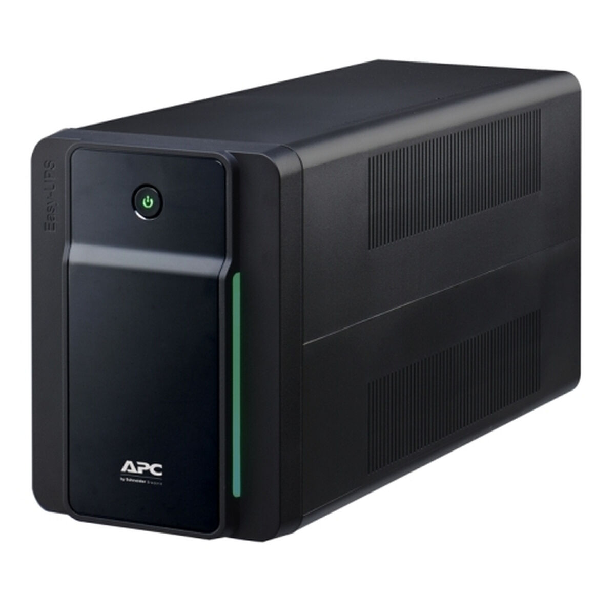 Un dispositivo APC Easy-UPS negro con una luz verde. El dispositivo está sobre un fondo blanco.