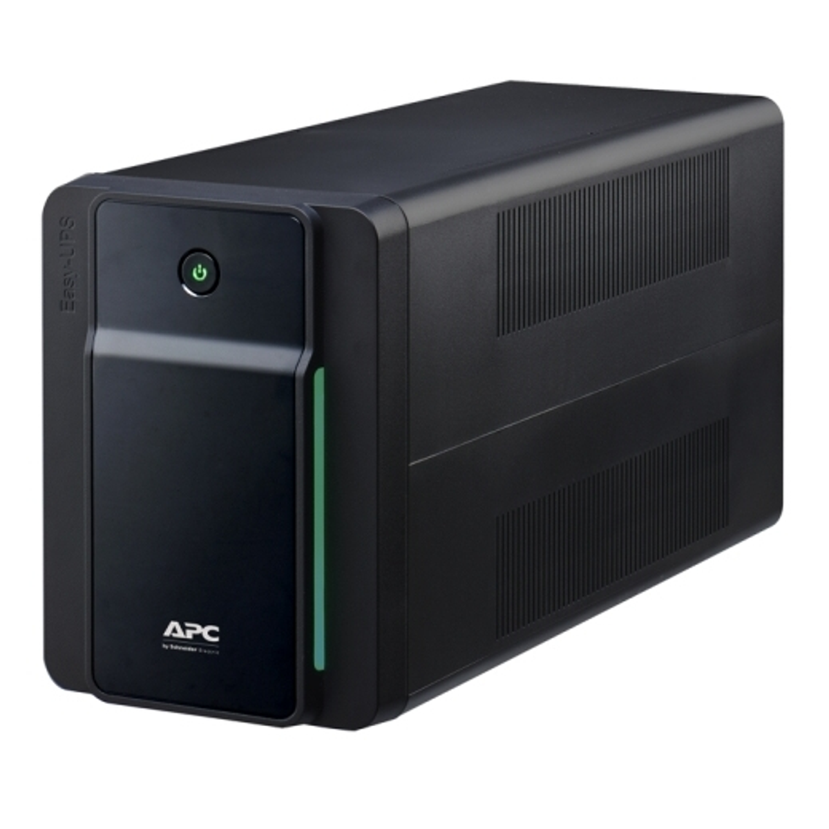 Schwarze APC Easy USV. Mit Ein-/Aus-Taste und grüner Leuchtanzeige. APC-Branding sichtbar.