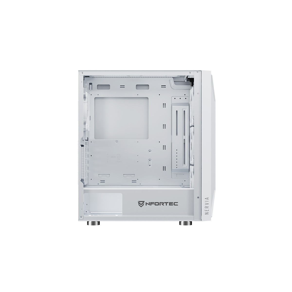 Un case per computer bianco, aperto, che mostra l'interno. Il marchio 'NFORTEC' è in basso.