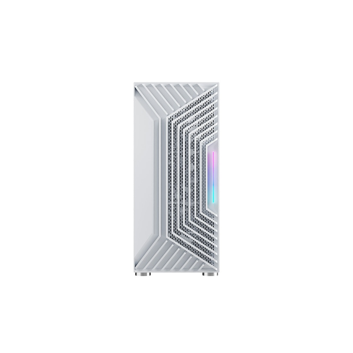 Case per computer bianco. La parte anteriore ha un design geometrico. Il lato mostra una striscia luminosa.