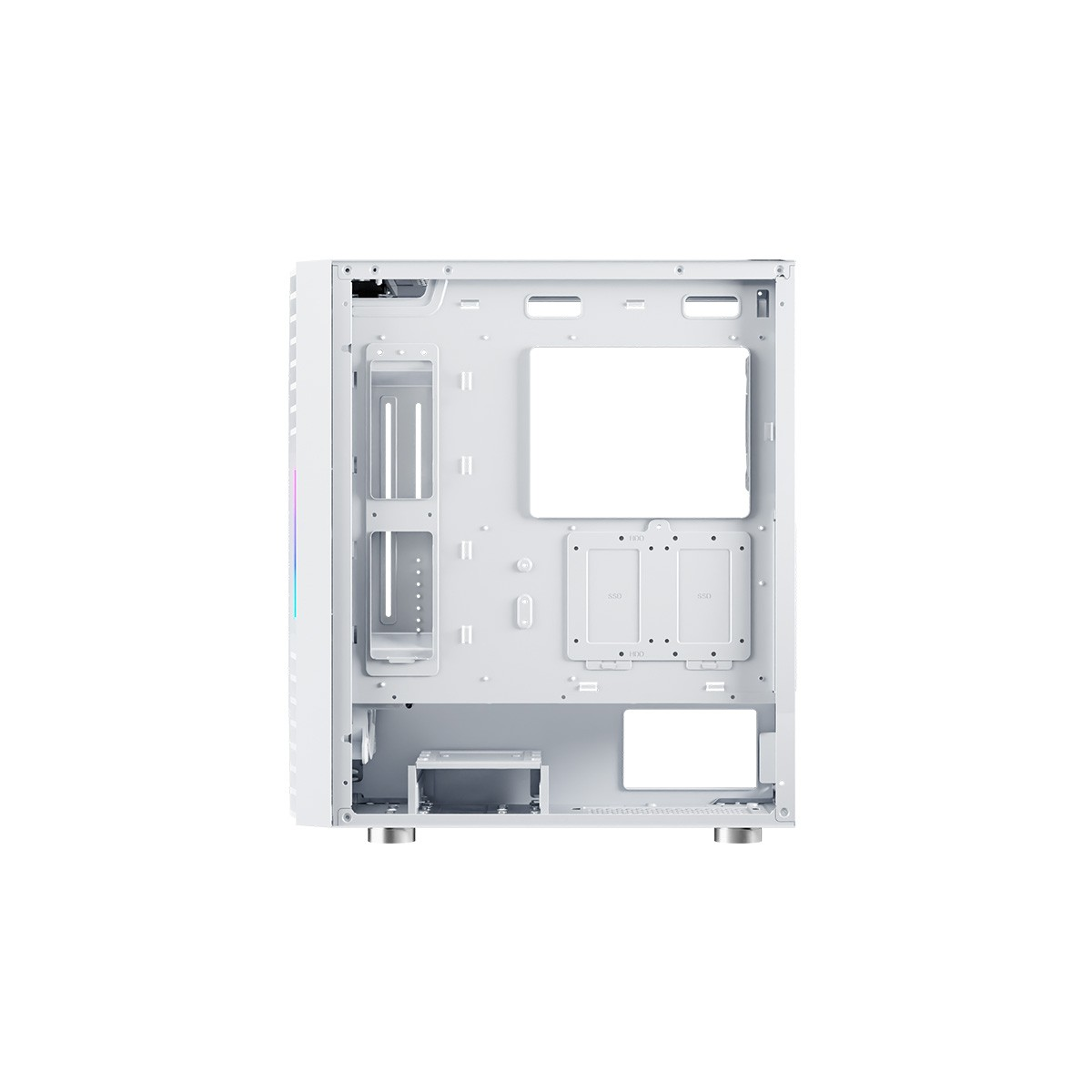 Interno di un case per computer bianco con punti di montaggio e slot visibili.