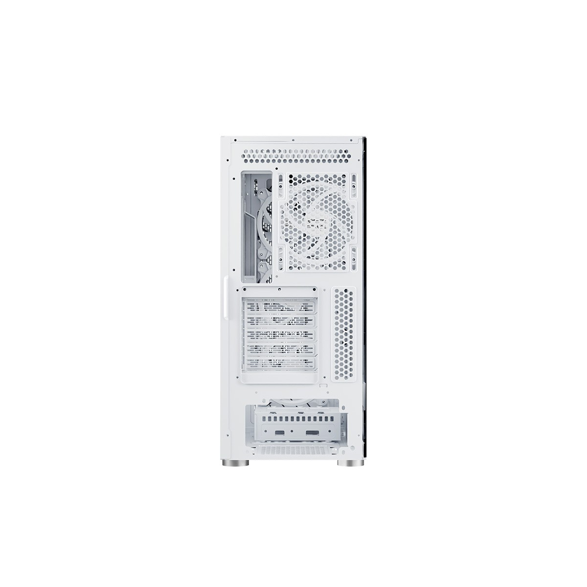 Interno del case del computer, che mostra il pannello posteriore con prese d'aria e componenti interni. Bianco.