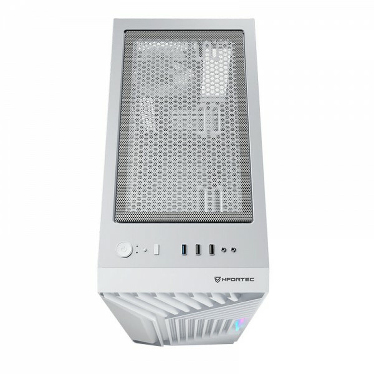 Case per computer bianco con frontale a rete e più porte e pulsanti sul pannello frontale.