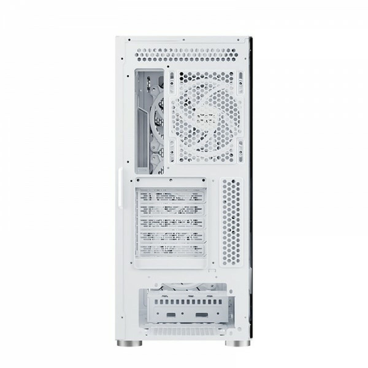 Case PC bianco aperto. Ventola, componenti visibili. Sfondo bianco.