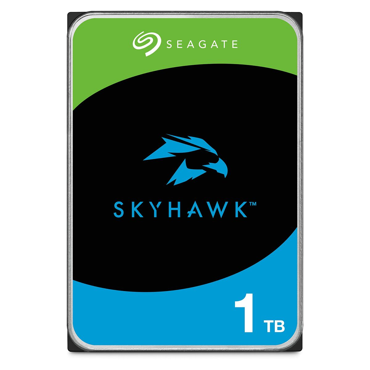 Dysk twardy Seagate Skyhawk 1TB w pudełku, kolory zielony i niebieski, logo Skyhawk i tekst 1TB.