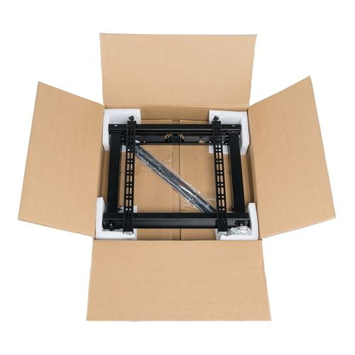 Caja de cartón con kit de soporte de pared TV.