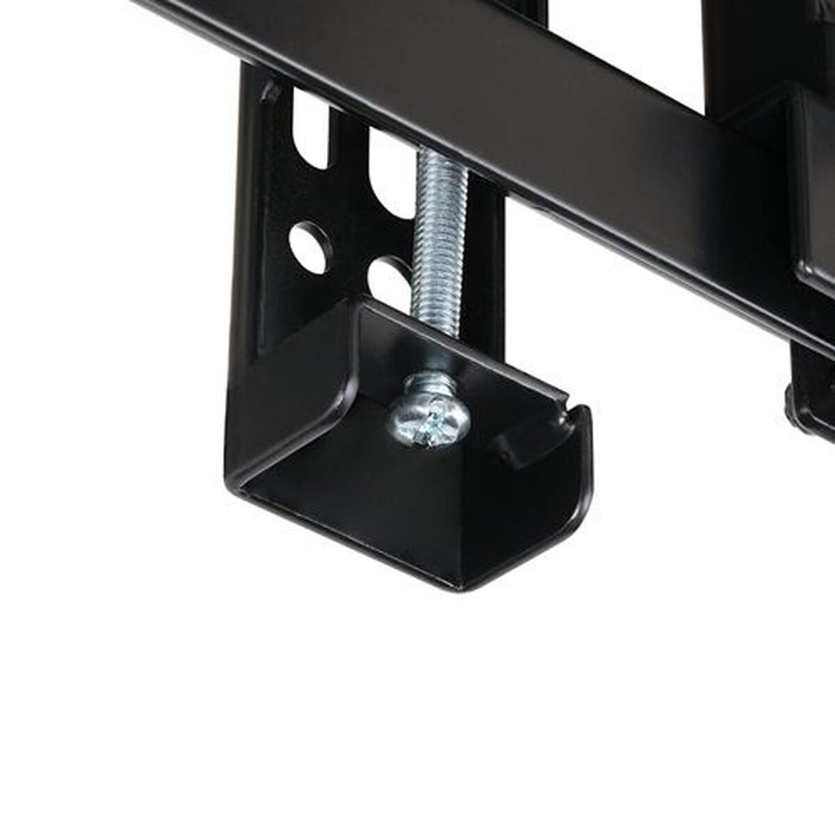 Primer plano de un soporte de metal negro con un tornillo y una tuerca, sobre un fondo blanco.