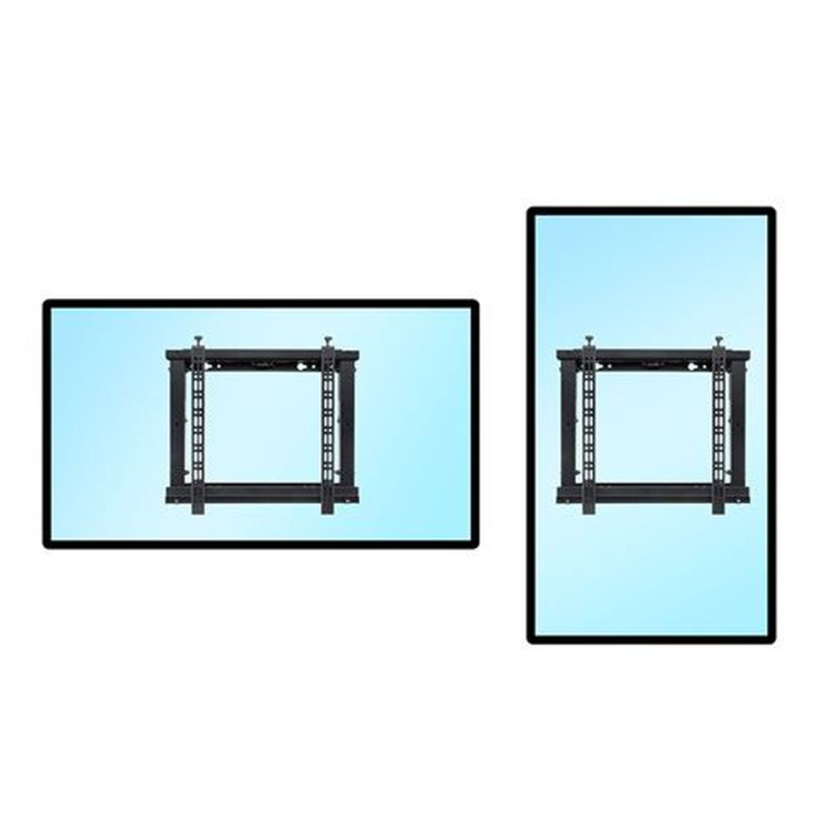 Dos soportes de TV negros, uno horizontal, uno vertical, sobre un fondo azul claro.