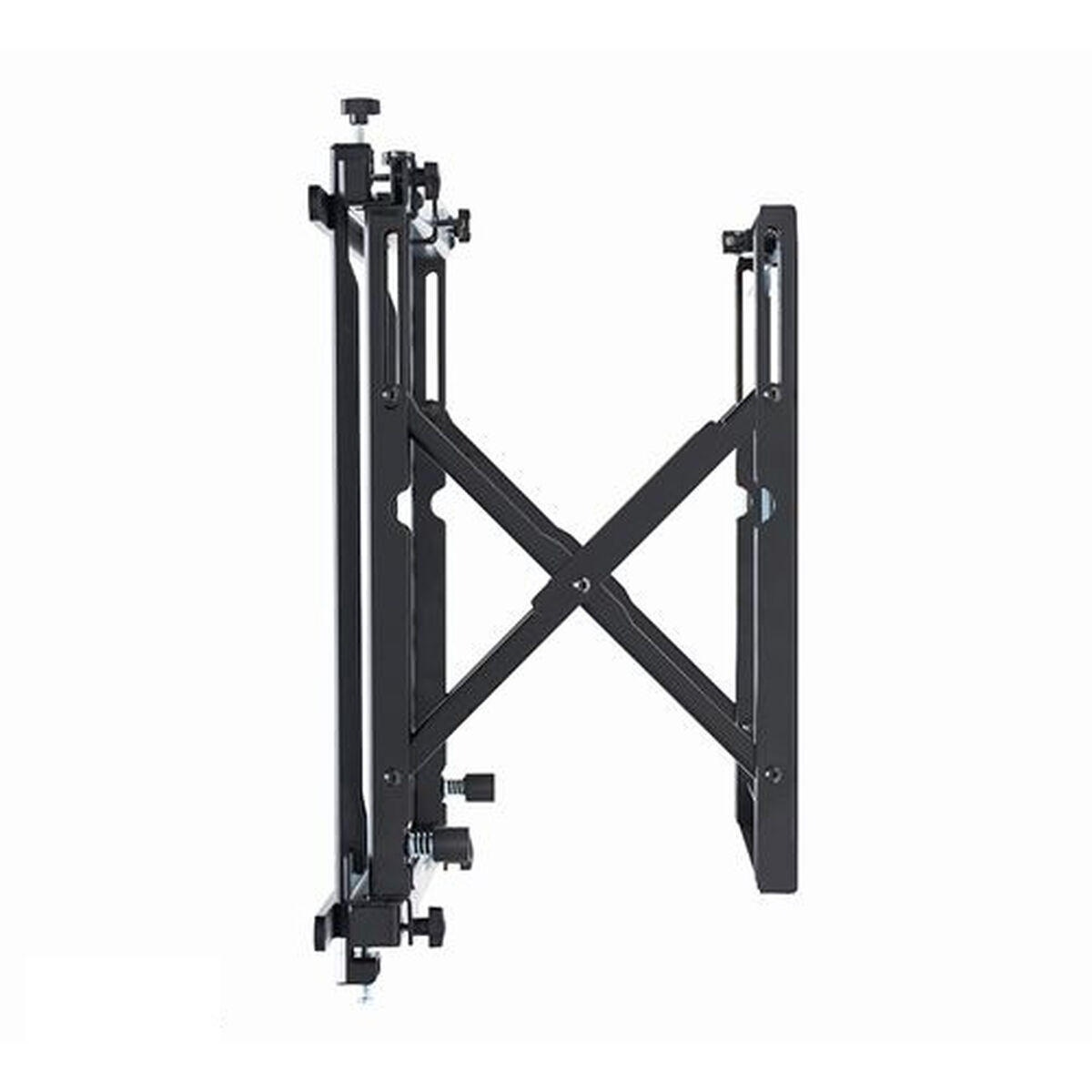 Soporte de pared negro, diseño en forma de H. Brazos ajustables y herrajes de montaje visibles.
