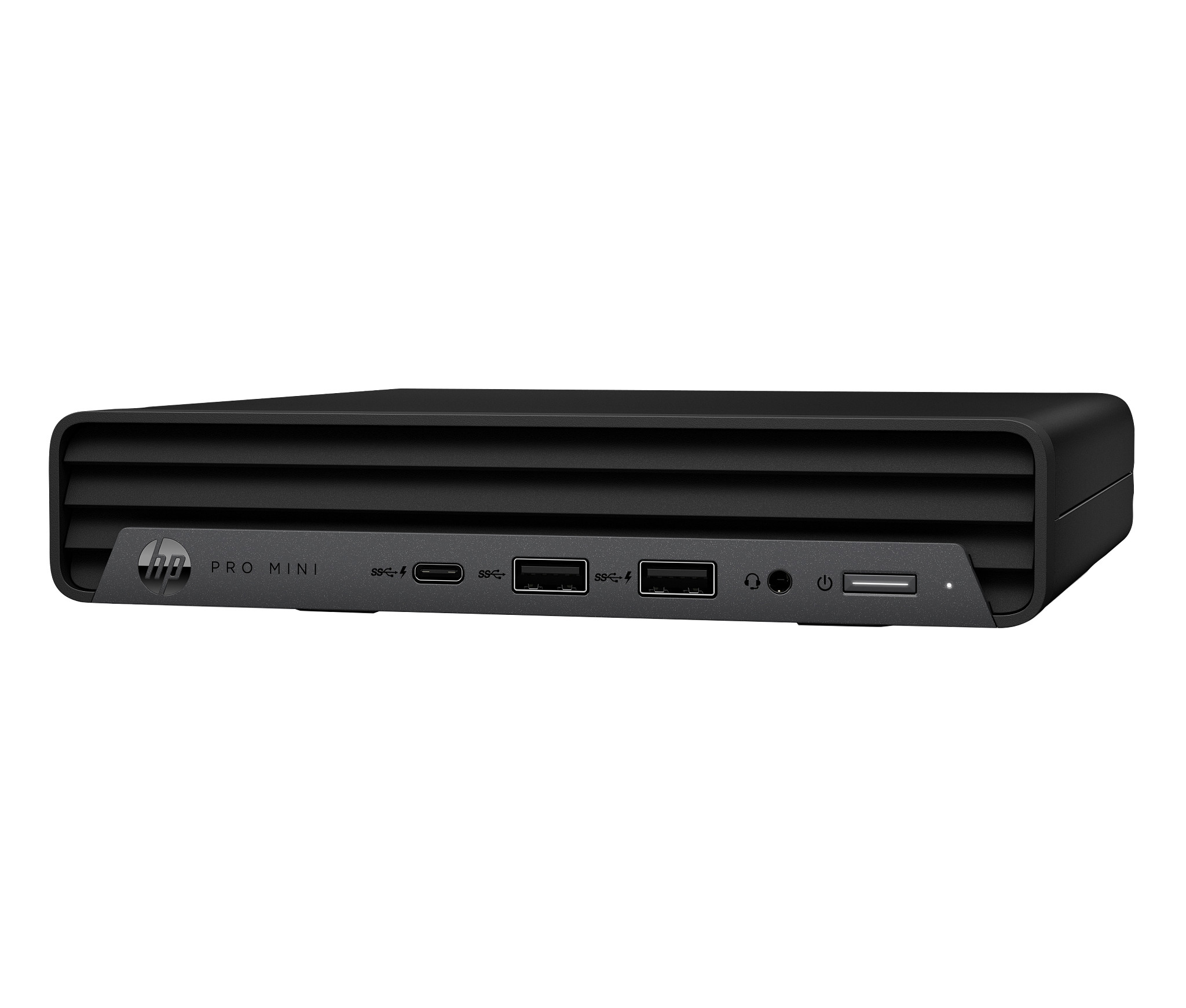 Computer HP Pro Mini nero. Ha diverse porte sul davanti e un design elegante.
