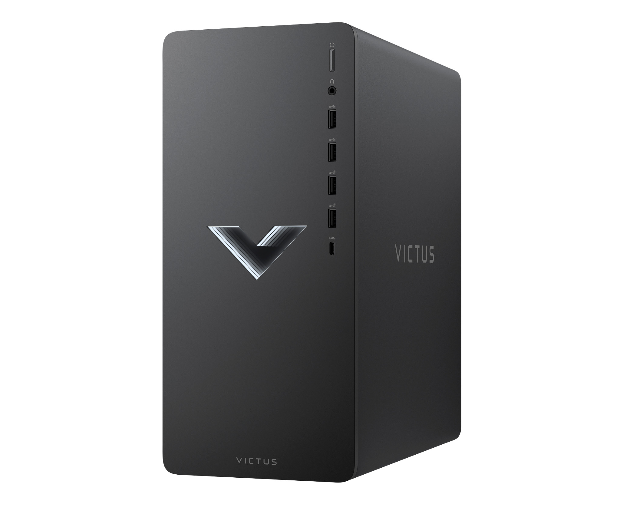 Computer desktop da gioco Victus nero, vista frontale, con un logo a forma di V e più porte.
