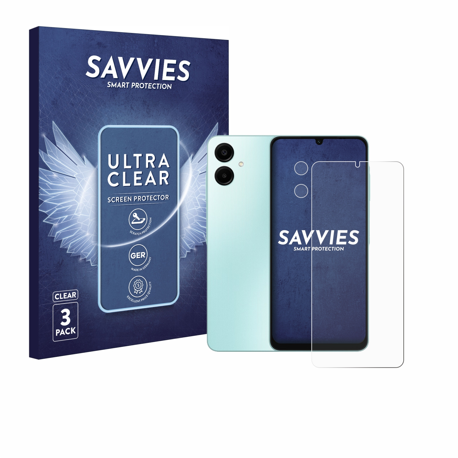 Ein mintgrünes Telefon mit Displayschutz und einer Box. Die Box hat ein Telefonbild mit Flügeln.