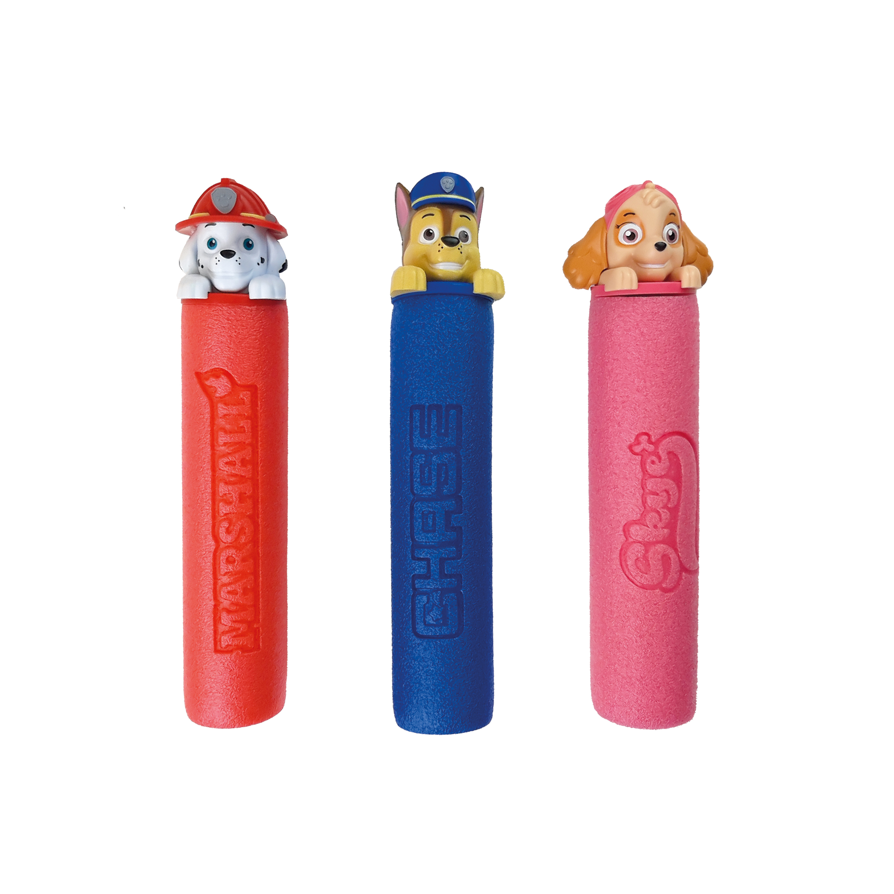 Drei Paw Patrol Wasserwerfer mit Marshall, Chase und Skye, jeweils mit einem Charakterkopf.
