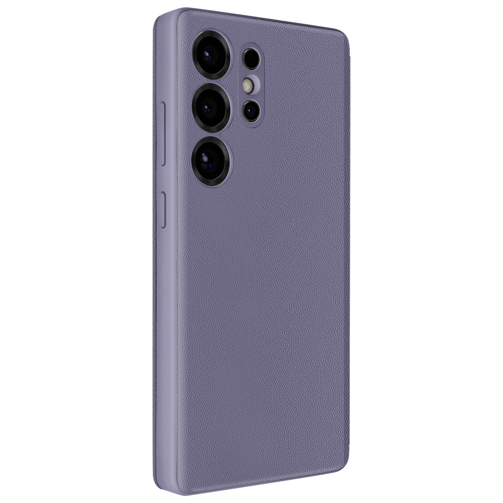 Custodia viola per telefono con lenti della fotocamera, vista laterale, superficie strutturata.