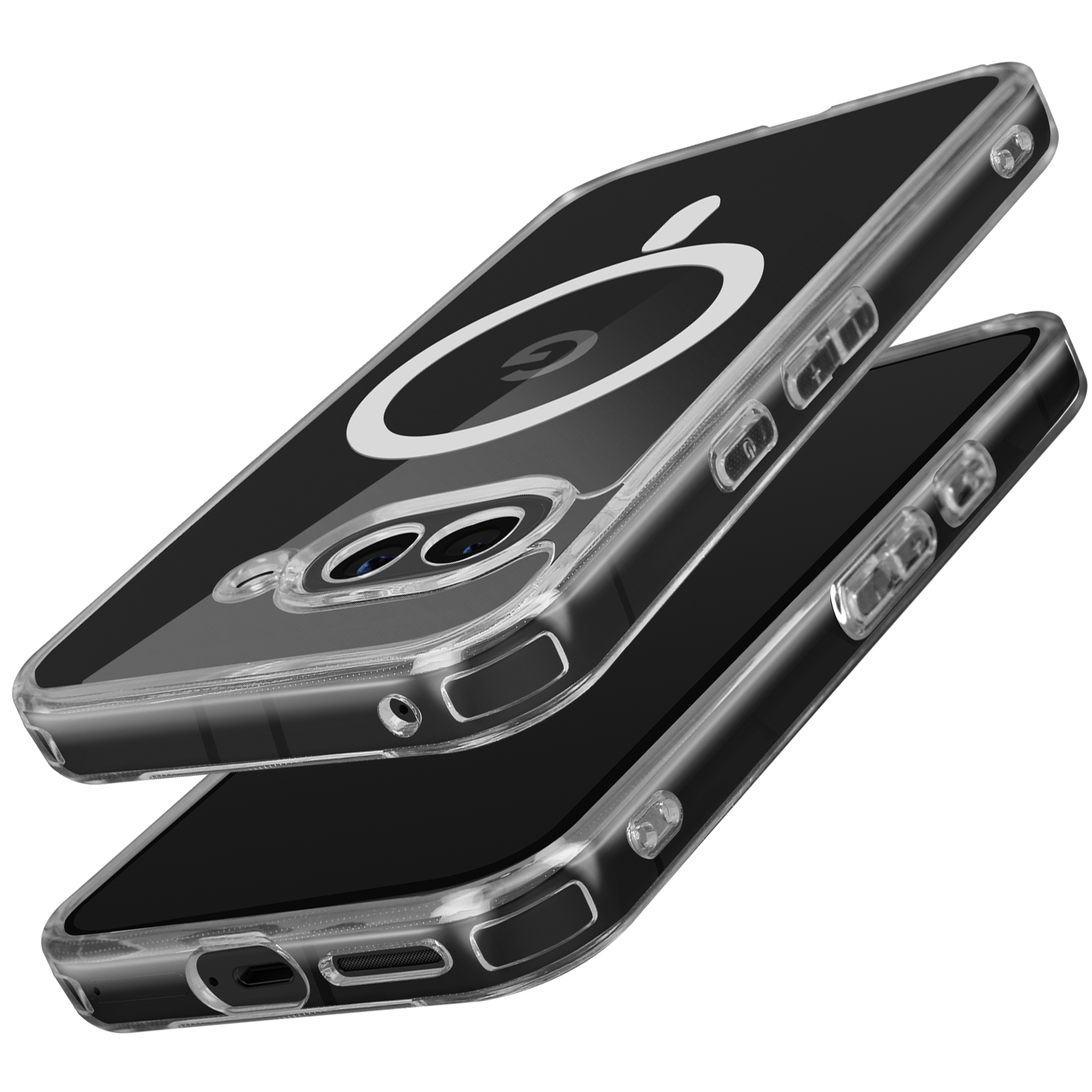 Zwei Telefone mit transparenten Hüllen, die einen Magnetring zeigen. Die Hüllen sind transparent.