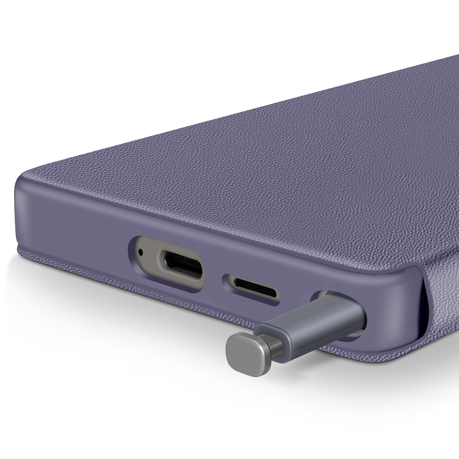 Una custodia per telefono viola con una penna inserita. La custodia ha una superficie strutturata.