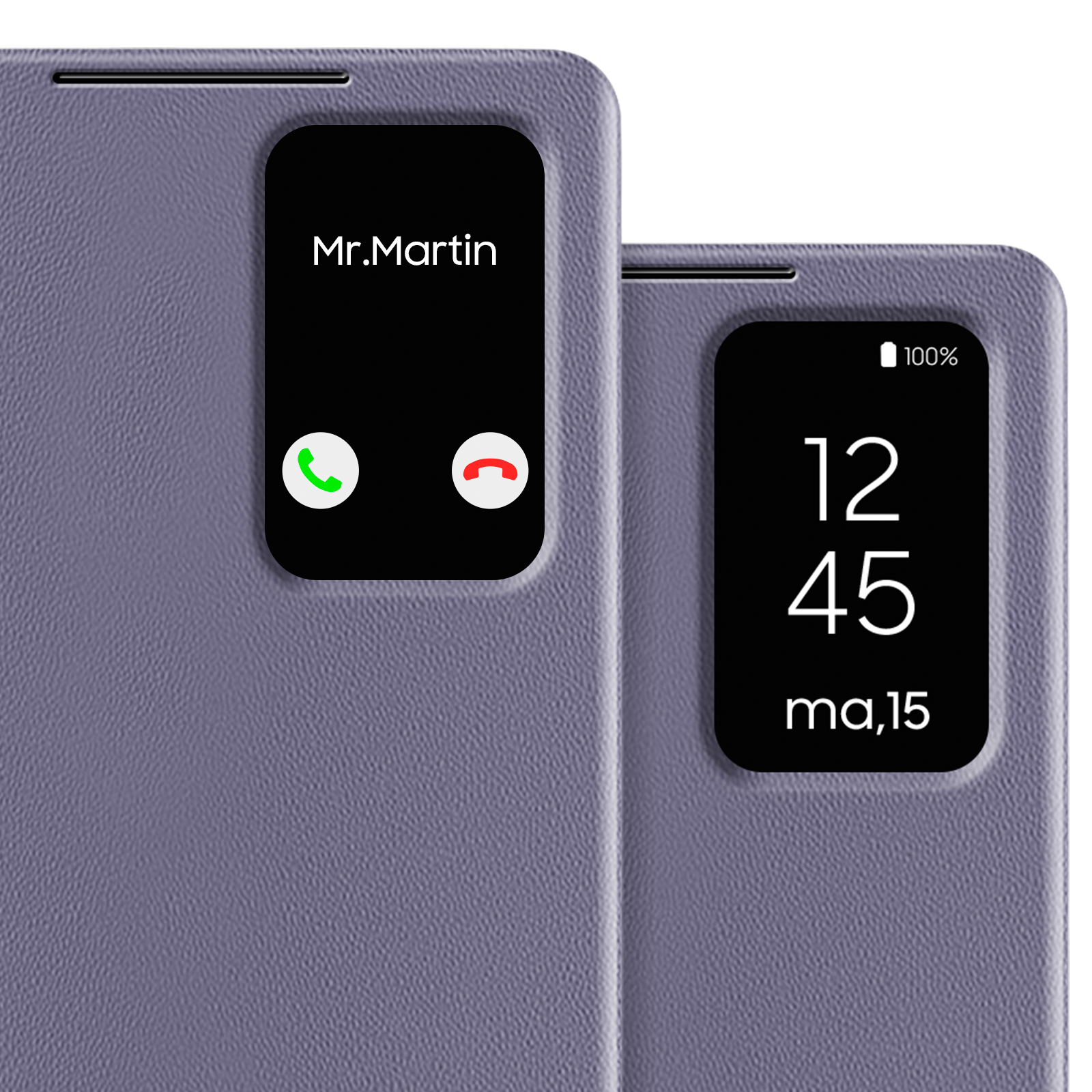 Custodia per telefono viola che mostra una schermata di chiamata. Mostra il numero chiamante "Mr. Martin" e i pulsanti.