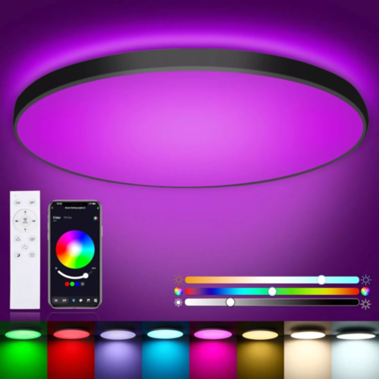 Eine runde, lila beleuchtete Deckenlampe mit Fernbedienung und Smartphone mit Farbrad-Oberfläche.