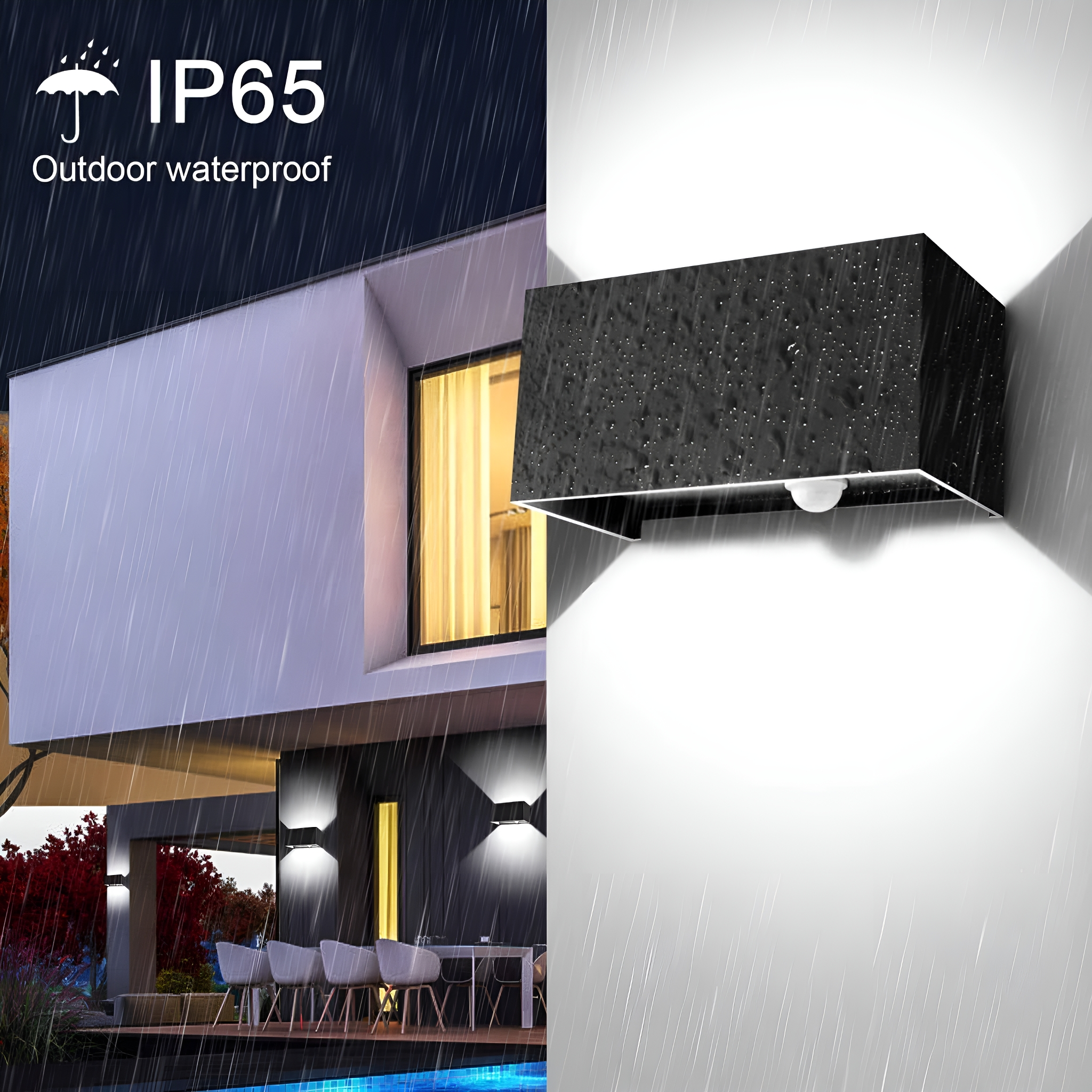 Schwarze, wasserdichte Außenwandleuchte im Regen. Ein modernes Haus und eine weiße Wand.