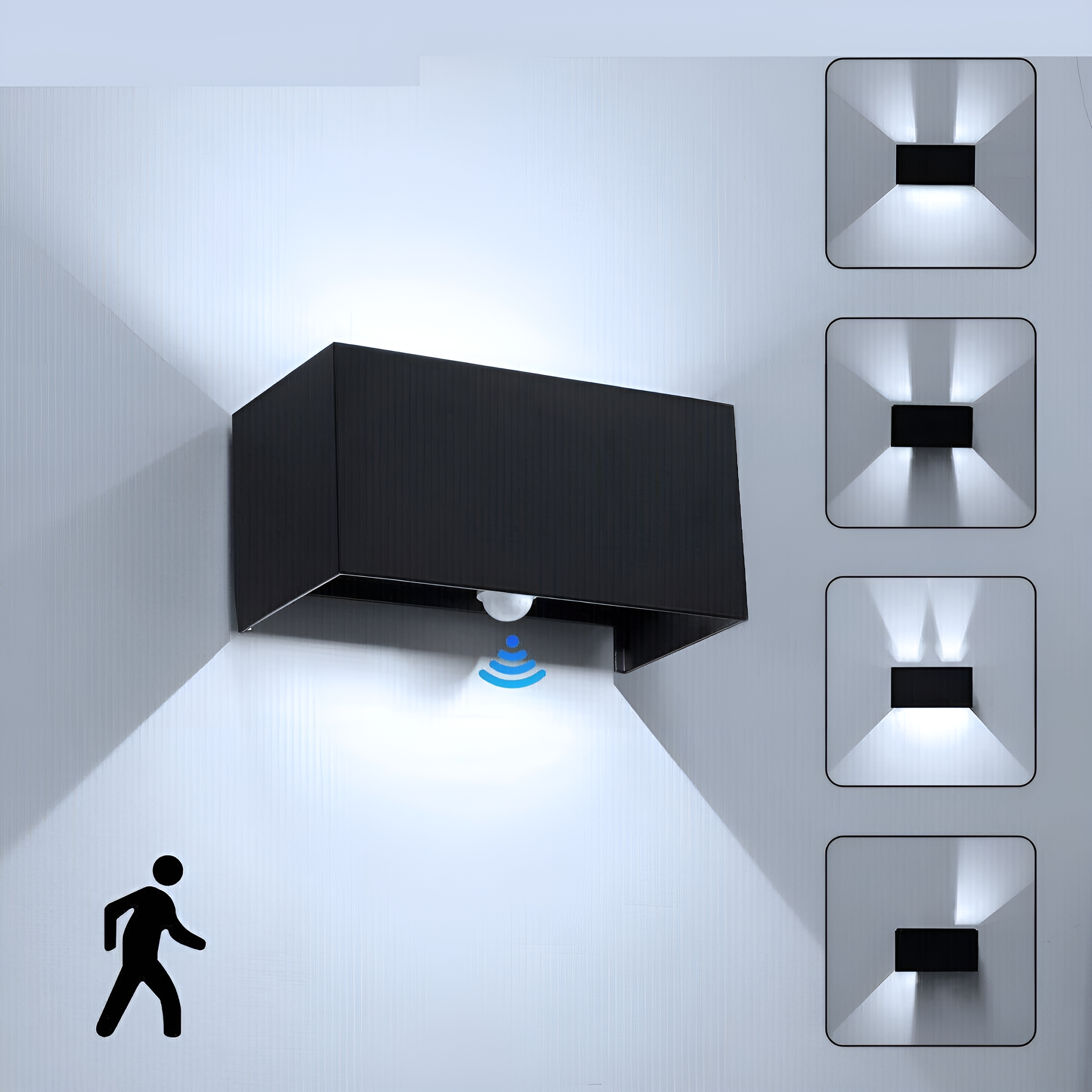 Eine schwarze Wandleuchte mit Bewegungssensor und ein Diagramm mit verschiedenen Lichtmustern.
