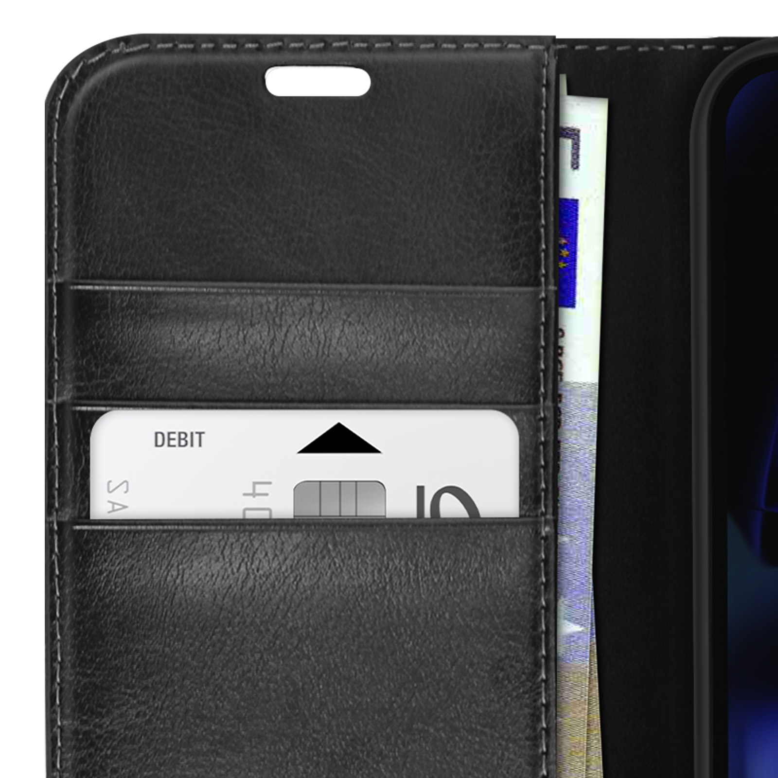 Custodia per telefono in pelle nera con carta di debito e banconote in euro. Sfondo nero.