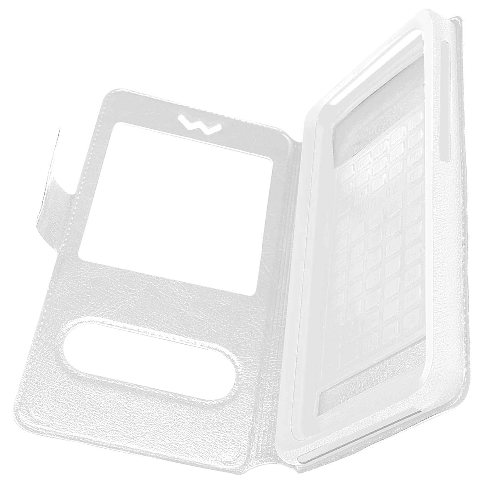 Étui de téléphone blanc, ouvert, avec fenêtre transparente. Le boîtier a un écran visible.