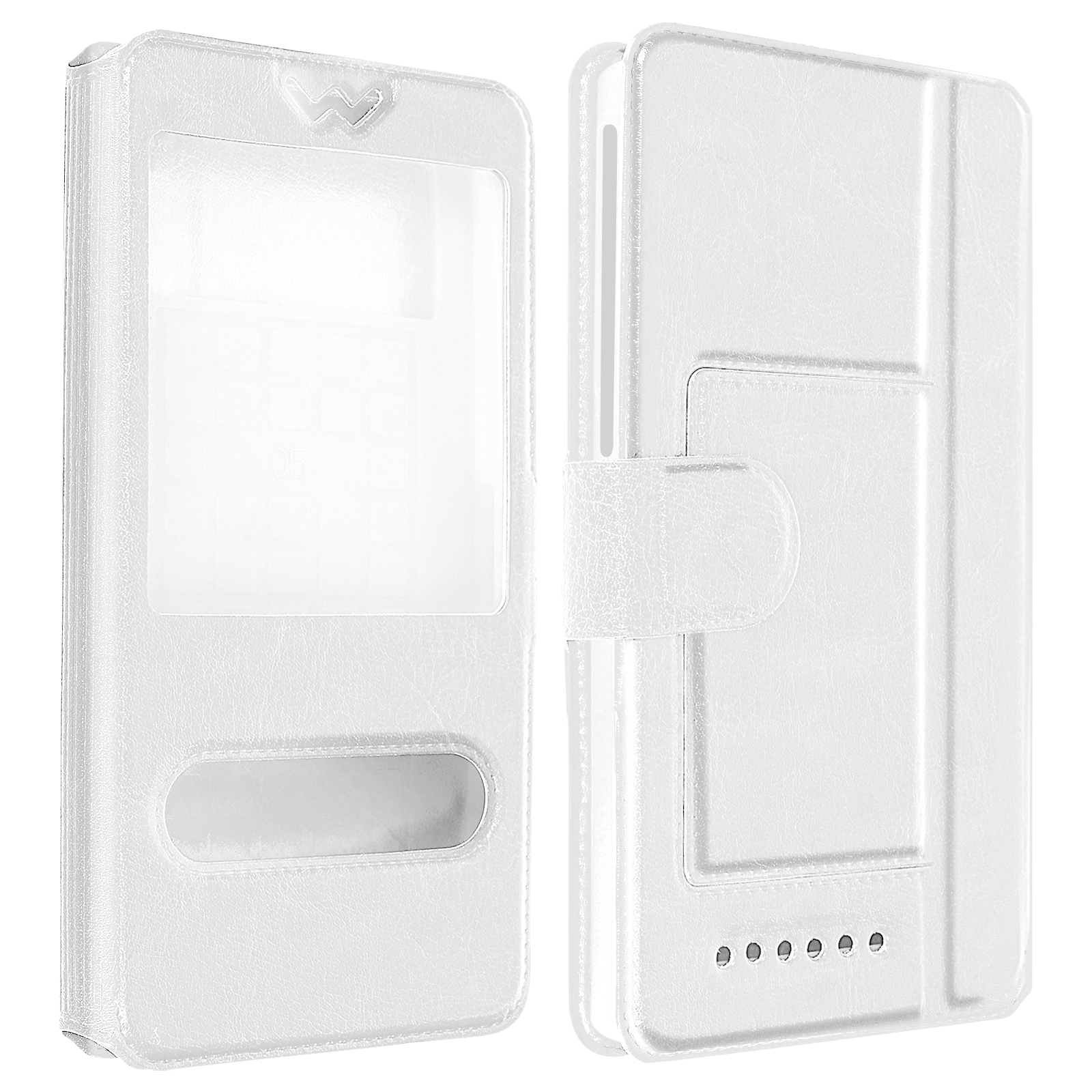 Étui de téléphone blanc avec fenêtre et fermeture magnétique. L'étui est fermé.