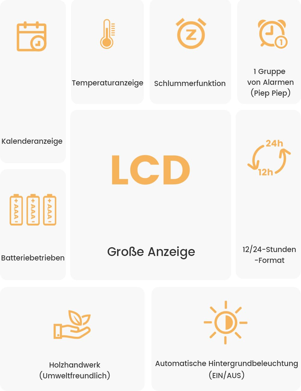 Symbole auf weißem Hintergrund, die Funktionen einer Digitaluhr mit LCD-Anzeige darstellen.