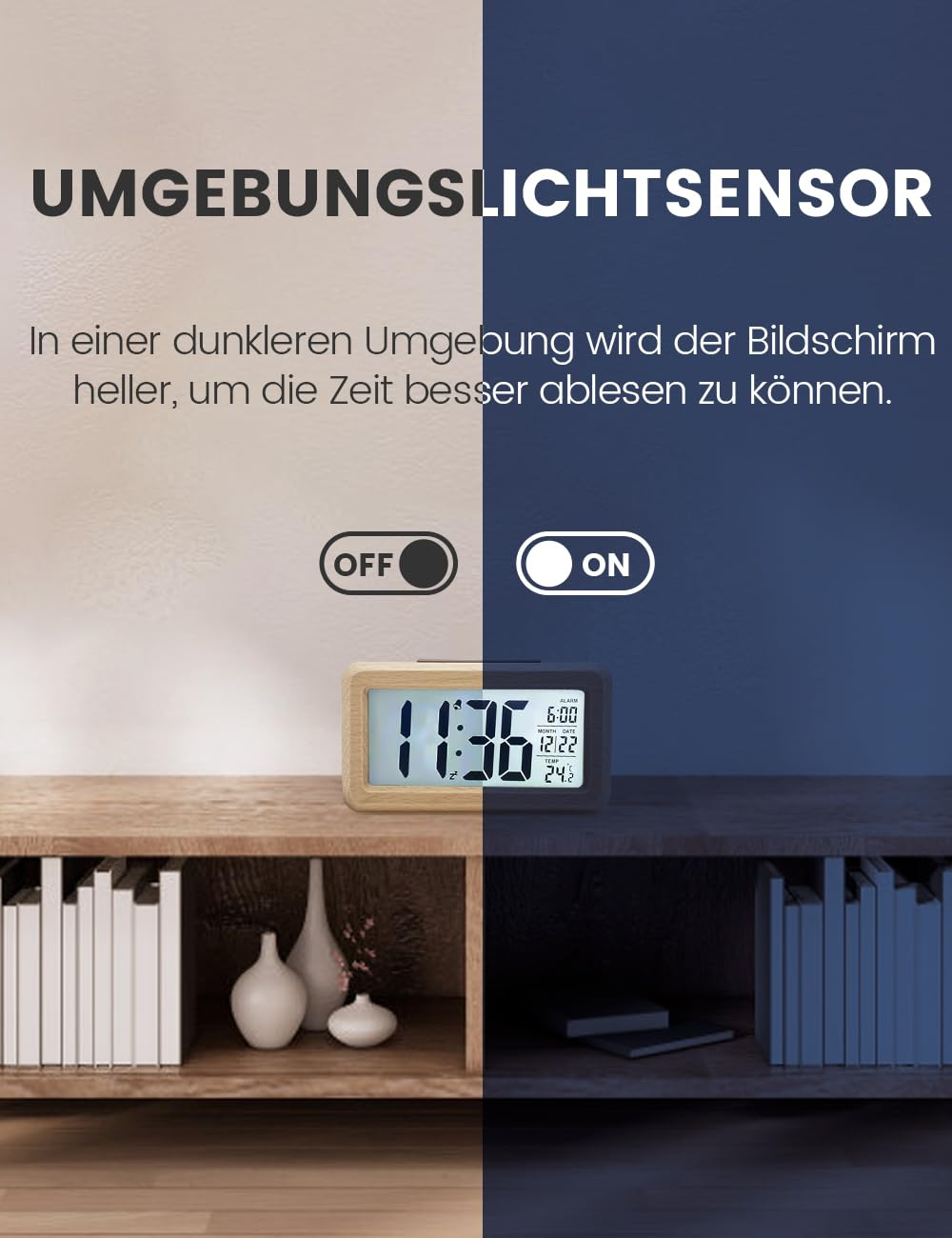 Eine Digitaluhr auf einem Holzregal, mit einem EIN/AUS-Schalter für die Umgebungslichtsensorfunktion.