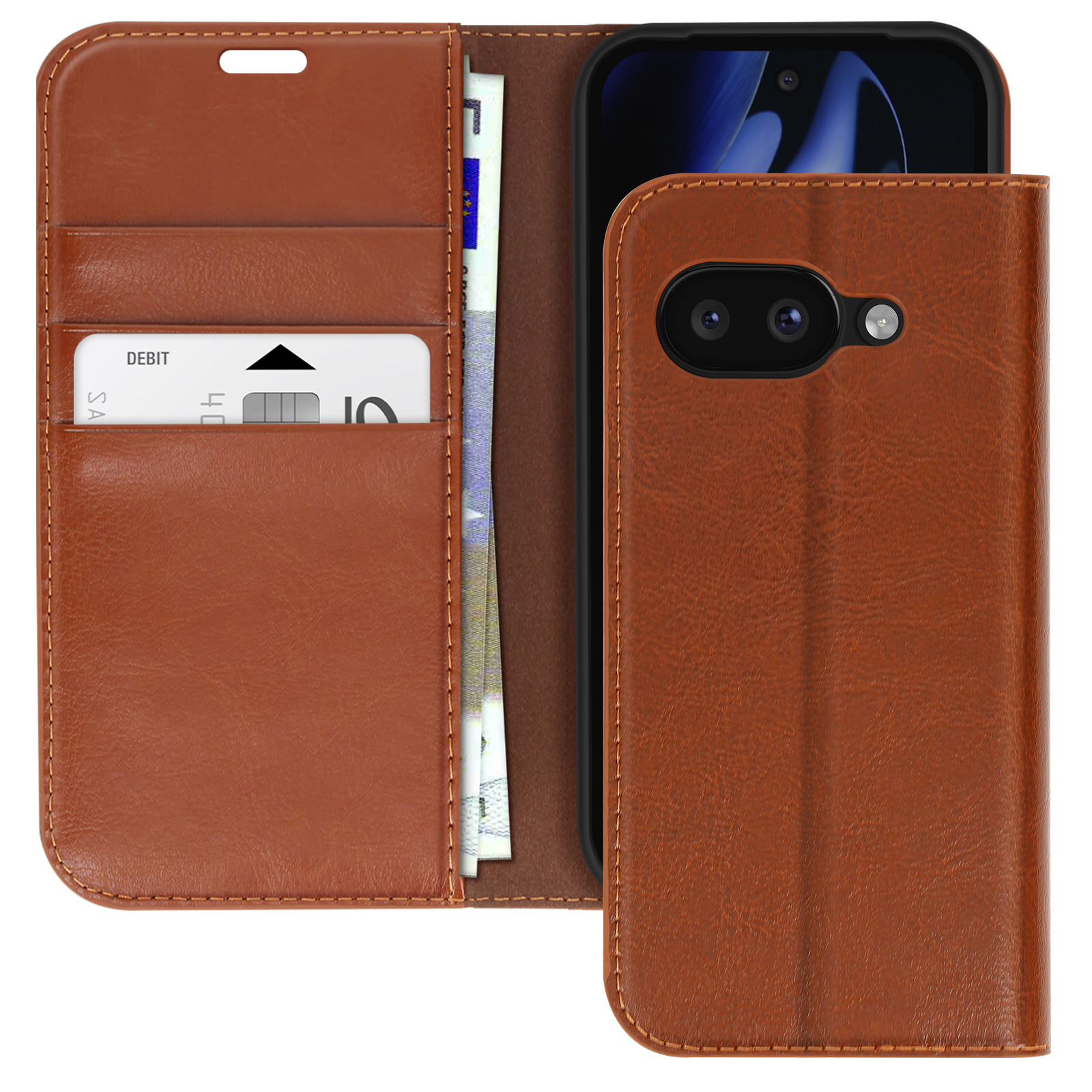 Étui de téléphone en cuir marron avec fentes pour cartes, carte de débit et smartphone.