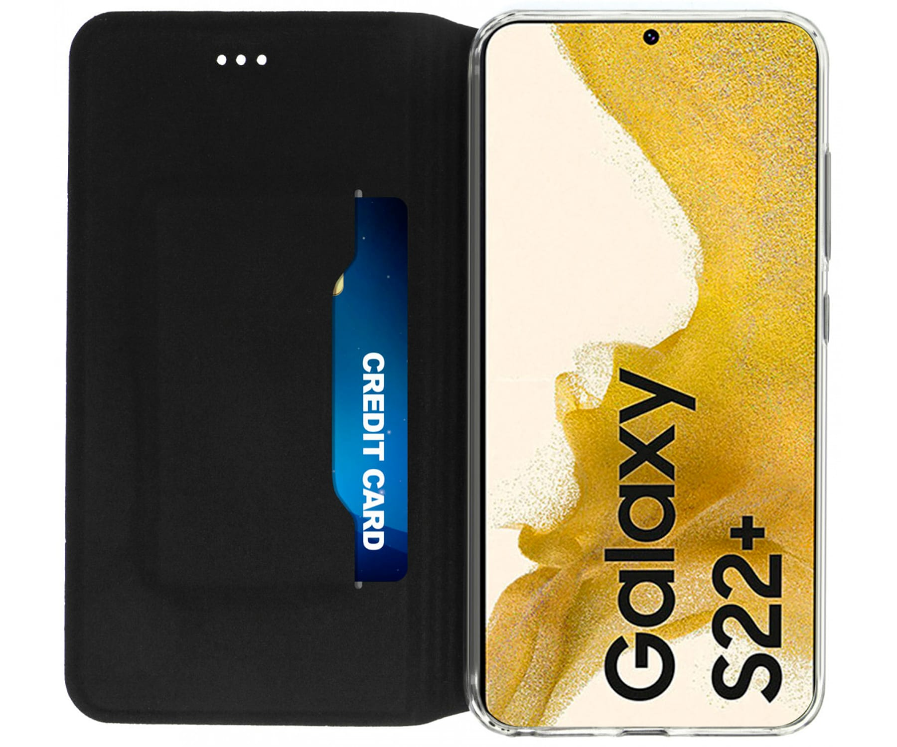 Una custodia nera per telefono con fessura per carta di credito, che tiene un Galaxy S22+. Il telefono è nella custodia.