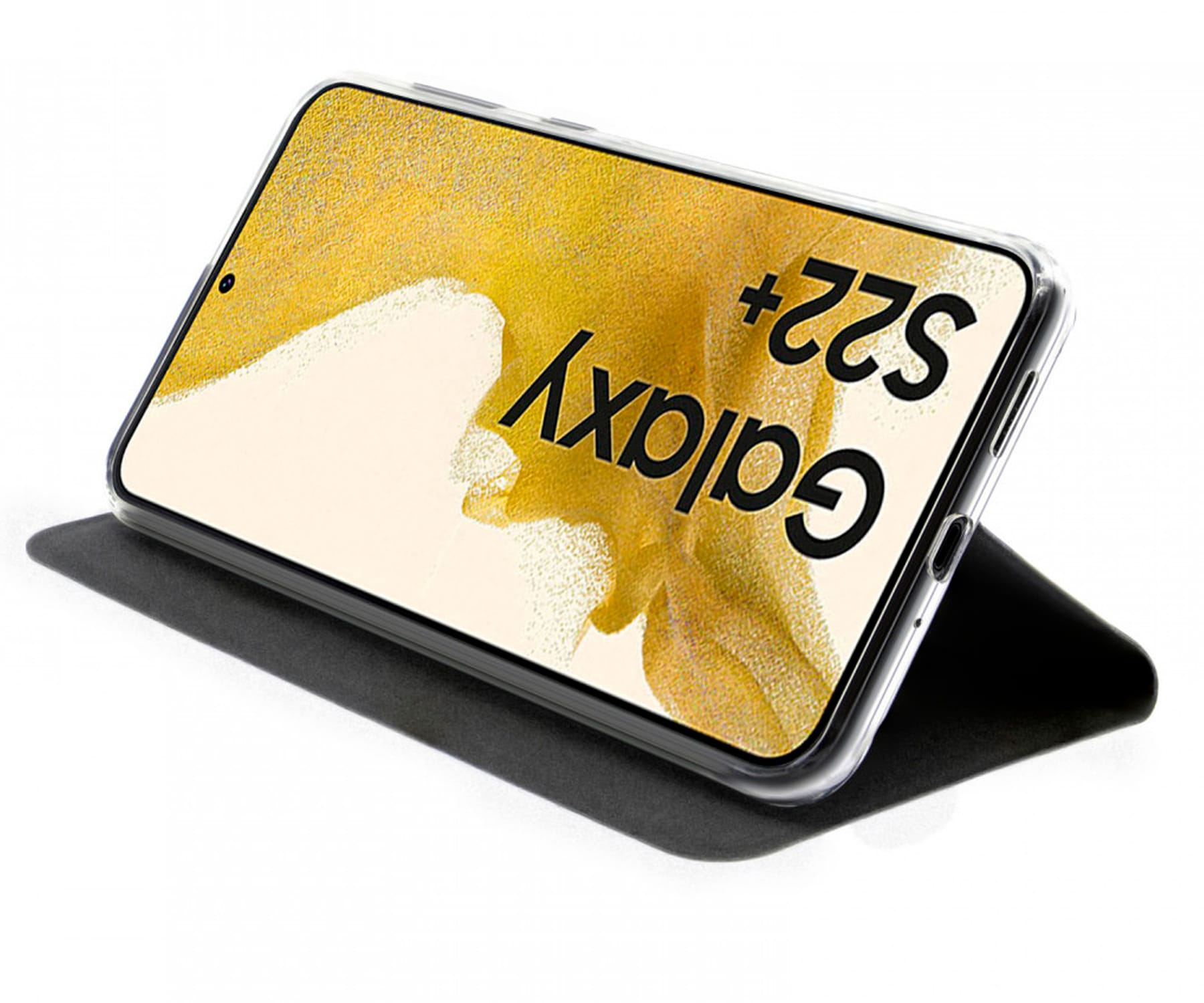 Telefono Samsung Galaxy S22+ in una custodia trasparente, su una superficie bianca.