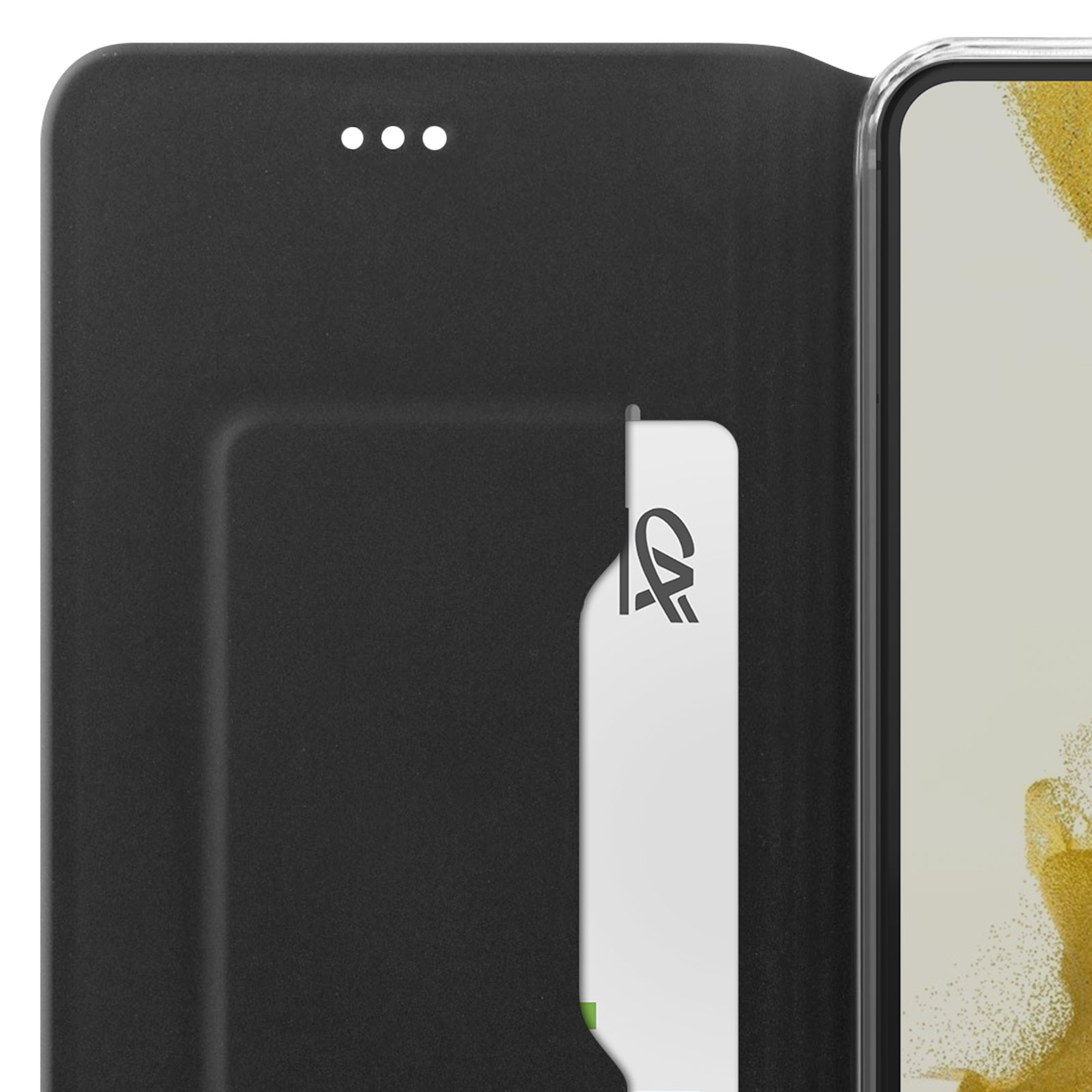 Custodia nera per telefono, parzialmente aperta. Una carta con logo è visibile nello slot.