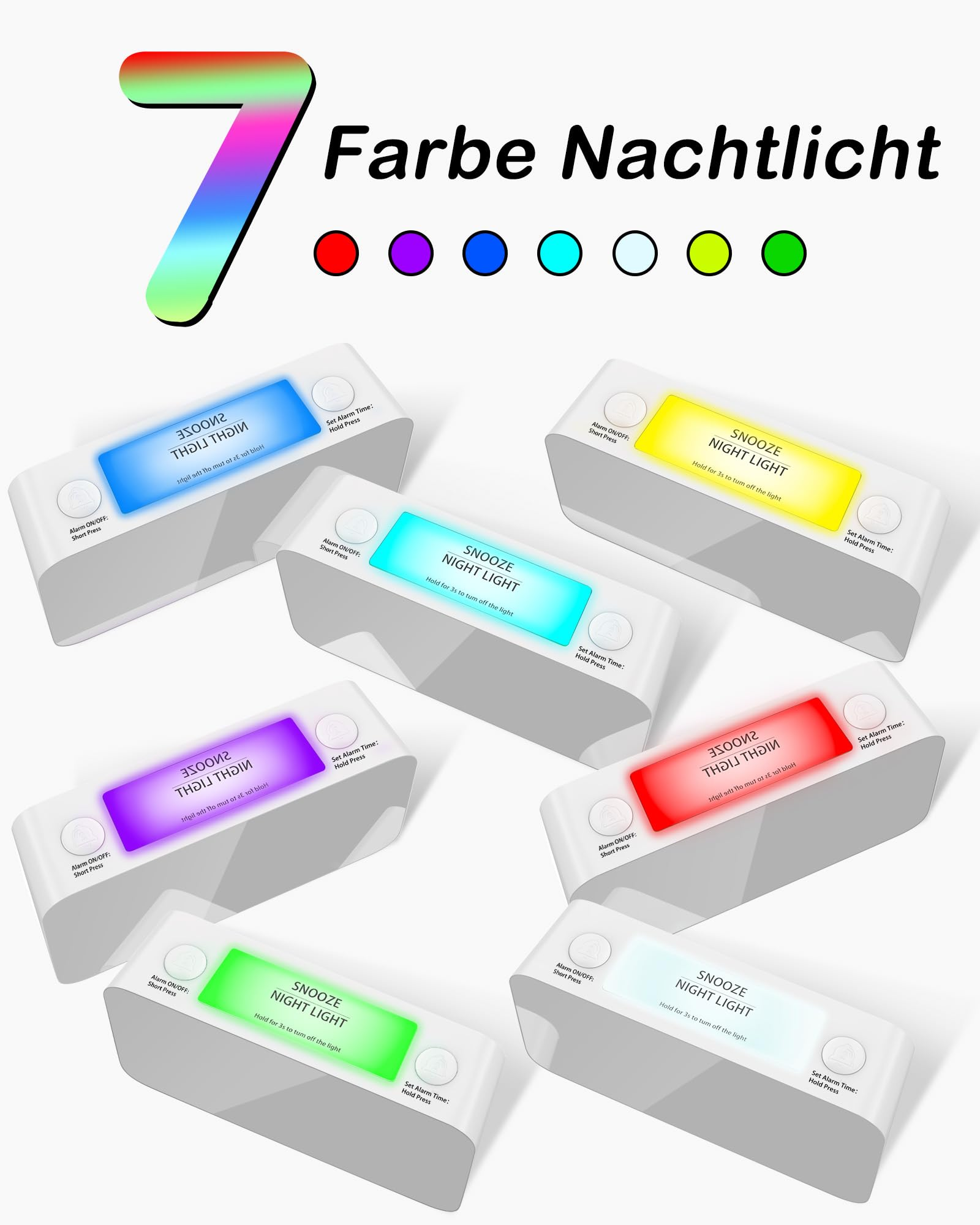 Wecker mit verschiedenen Farben. Die Wecker haben eine Digitalanzeige und eine Schlummertaste.