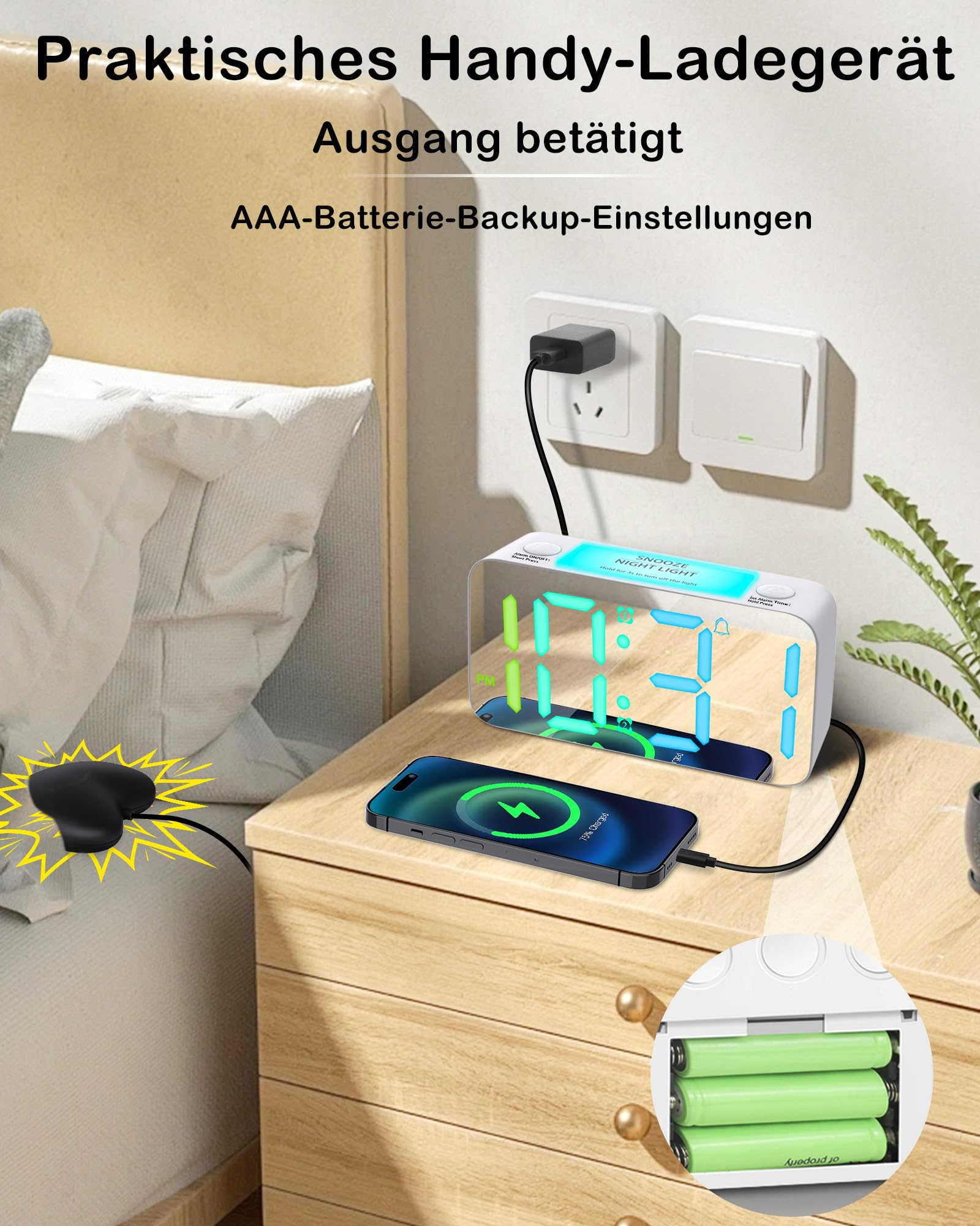 Ein moderner Wecker, der ein Telefon auf einem Nachttisch auflädt, mit einer Steckdose in der Nähe.