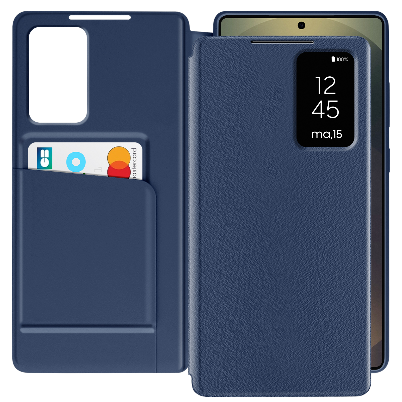 Custodia blu per telefono con telefono dentro. Ora e data sullo schermo.
