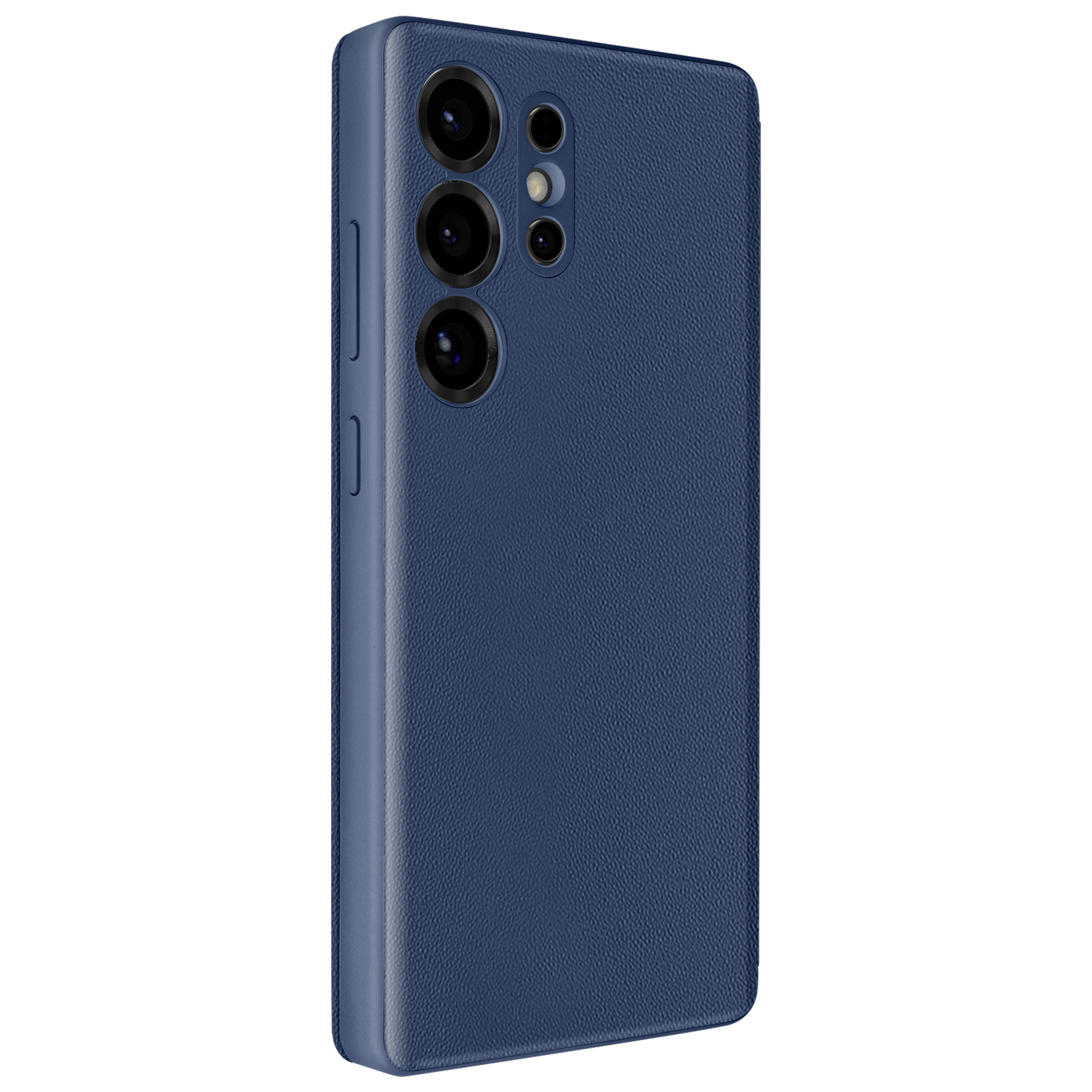 Custodia per telefono blu navy. Sono visibili tre obiettivi della fotocamera, con il lato del telefono mostrato.
