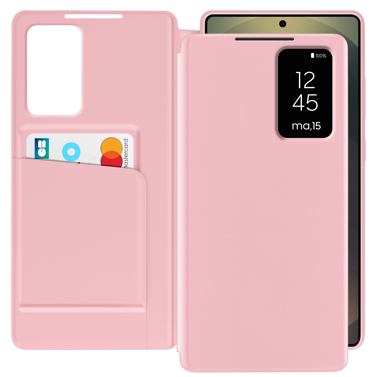 Custodia per telefono rosa con scomparti per carte e un telefono esposto all'interno. Mostra l'ora e la percentuale della batteria.