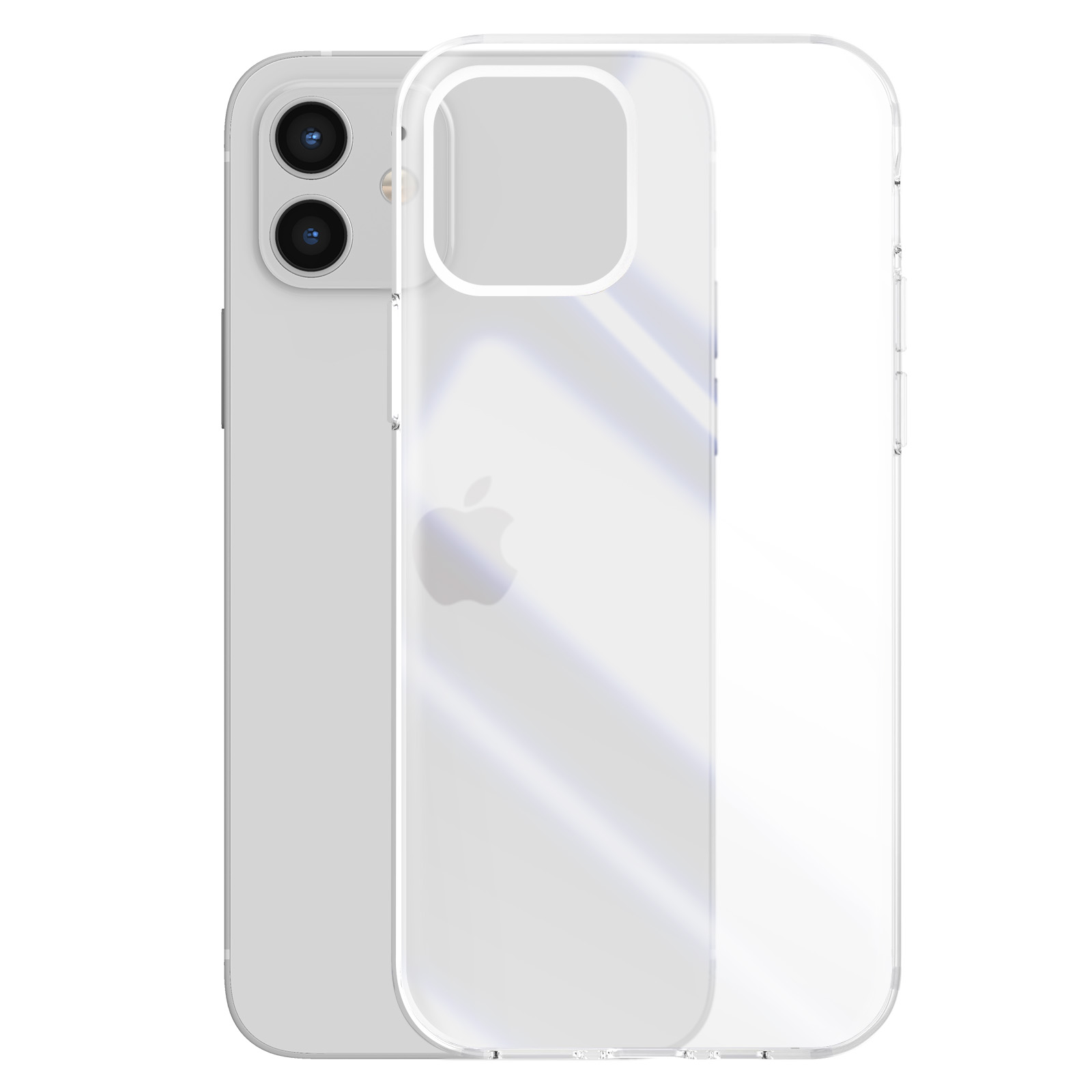 iPhone bianco con custodia trasparente. La custodia copre retro e bordi, mostrando il logo Apple.