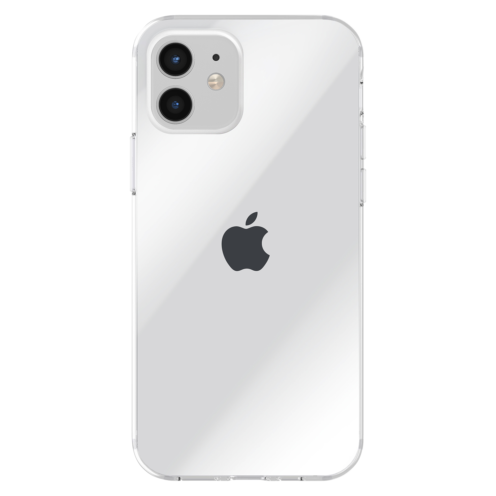 Una custodia trasparente per telefono su un iPhone 12, vista posteriore, con il logo Apple visibile.