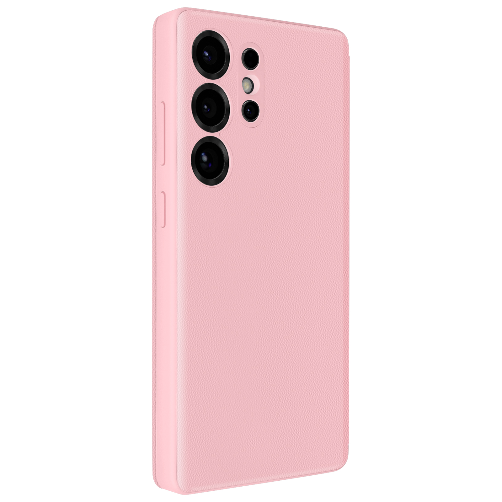 Una custodia rosa per smartphone con tre obiettivi della fotocamera sul retro. La custodia è liscia e di forma rettangolare.