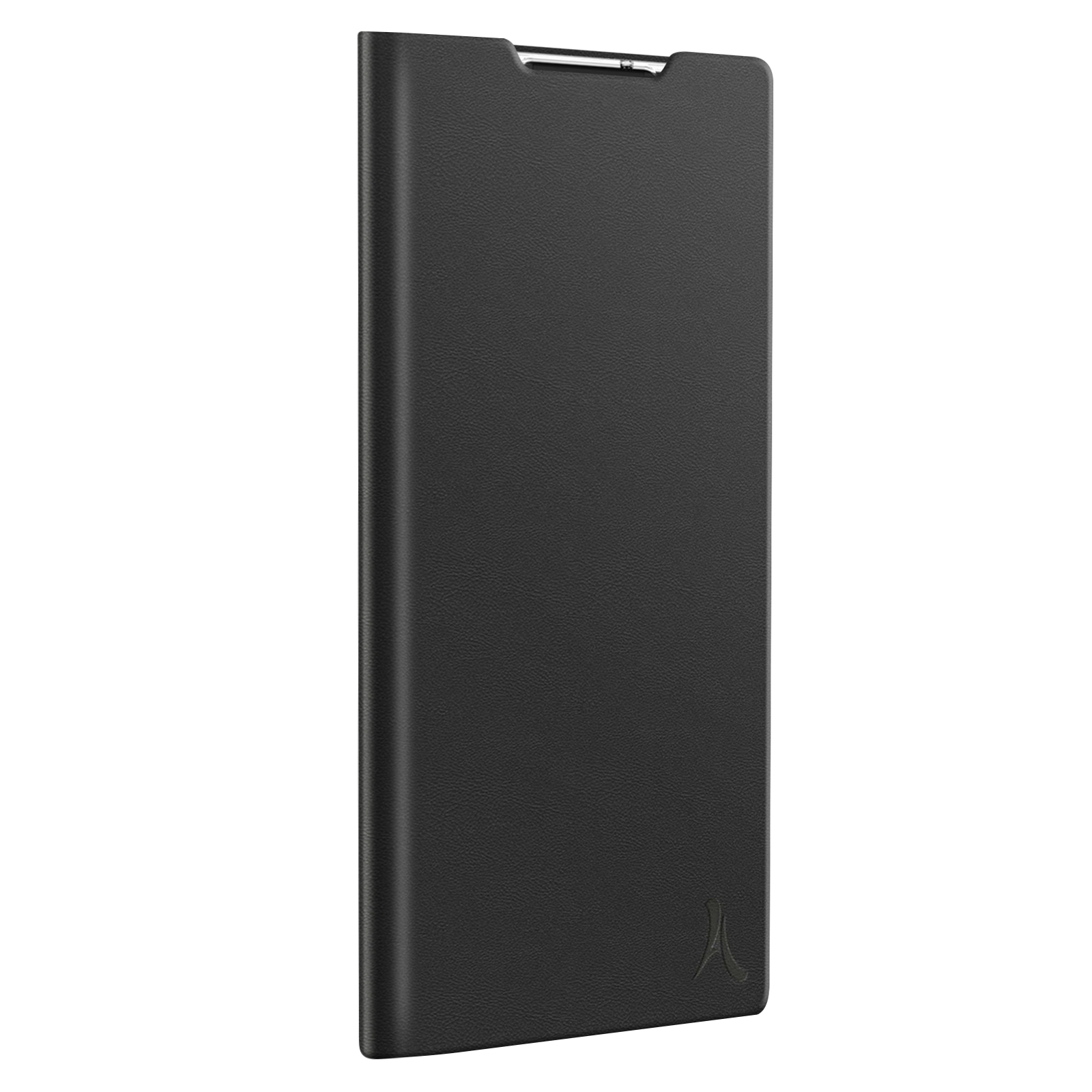 Custodia per tablet nera, chiusa, con logo nell'angolo in basso a destra.
